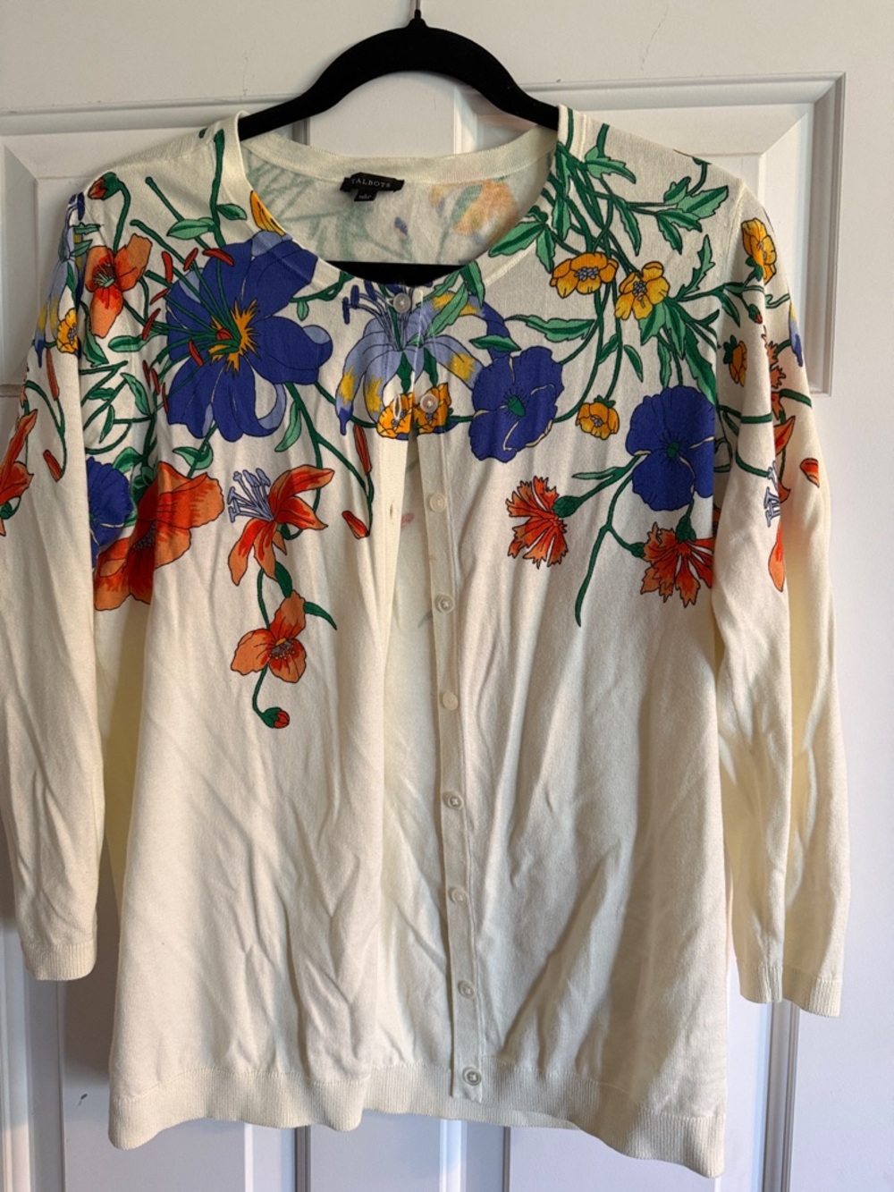 Talbots Cream Knit Cardigan with Blue and Green Floral Print